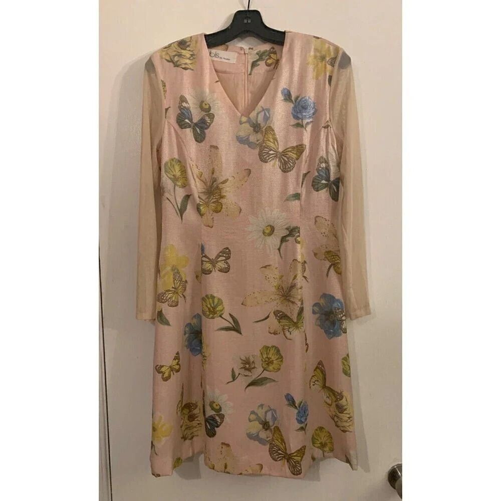 Bis by Rosèe Butterflies Flowers Pink/Peach Shift Dress Sheer Long Sleeve Sz 8